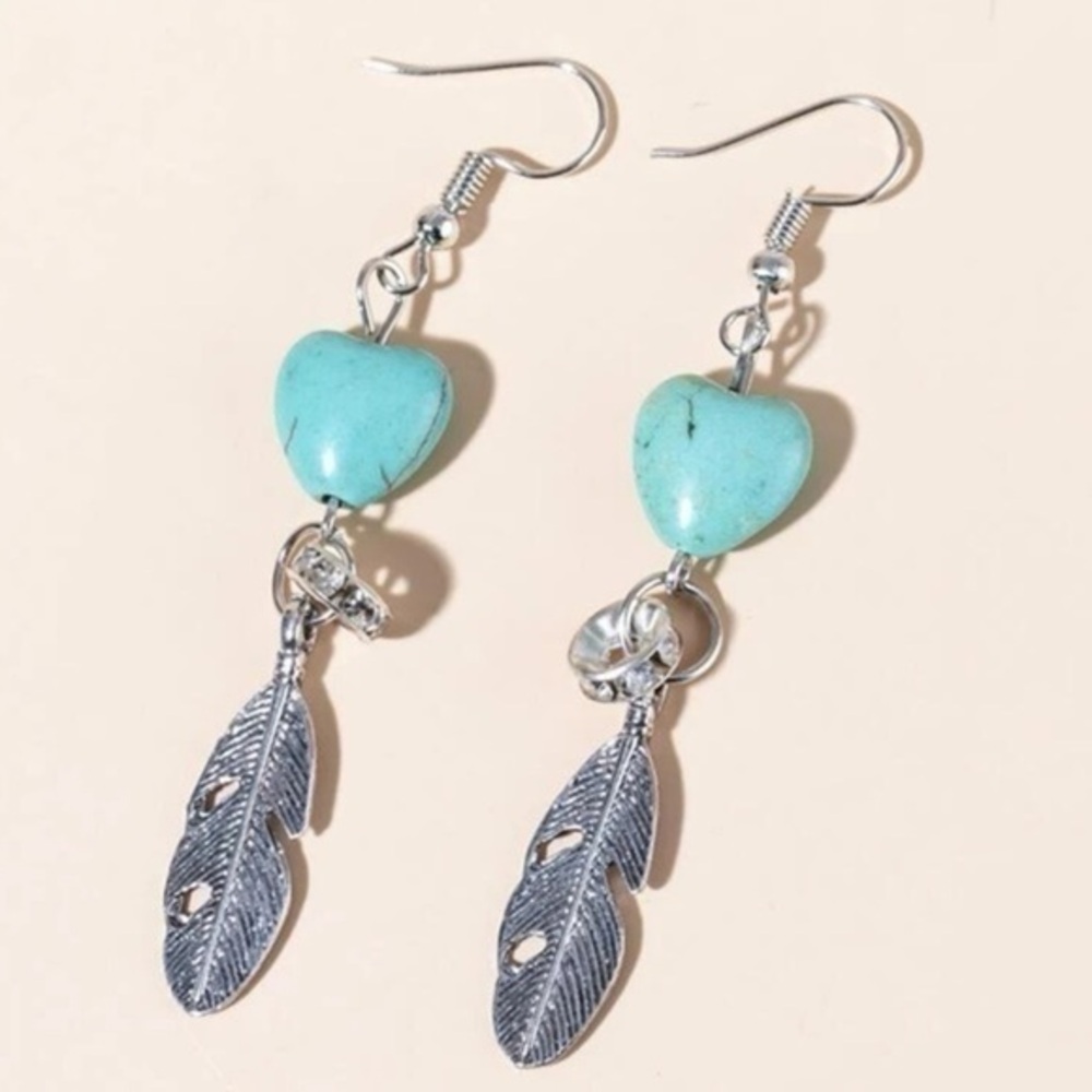 Antique Silver Feather Charm and Turquoise Heart Earrings BRAND NEW